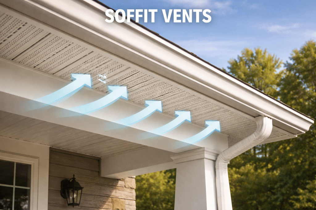 Close-up of soffit vents under a roof.